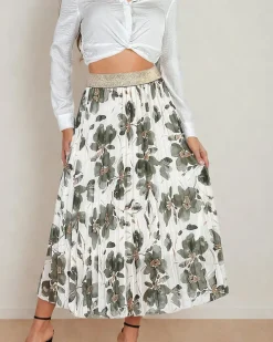 Spódnice^Royalfashion Plisowana damska spódnica midi w kwiaty zielony