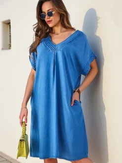 Bluzki / Koszule / Koszulki^Royalfashion Prosta damska tunika a'la sukienka typu jeansowa Granatowy