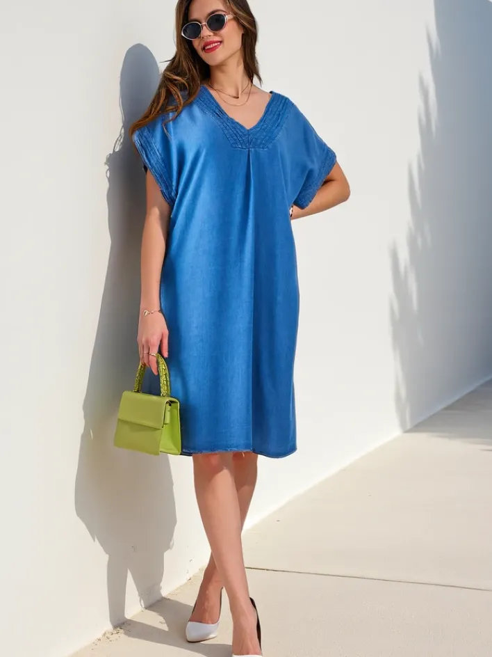 Bluzki / Koszule / Koszulki^Royalfashion Prosta damska tunika a'la sukienka typu jeansowa Granatowy