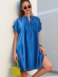 Bluzki / Koszule / Koszulki^Royalfashion Przeszywana damska tunika a'la sukienka typu jeansowa Granatowy