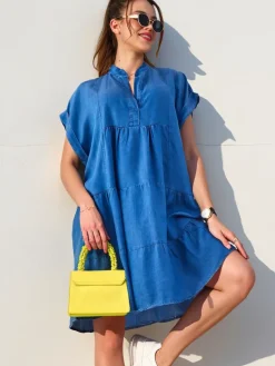 Bluzki / Koszule / Koszulki^Royalfashion Przeszywana damska tunika a'la sukienka typu jeansowa Granatowy