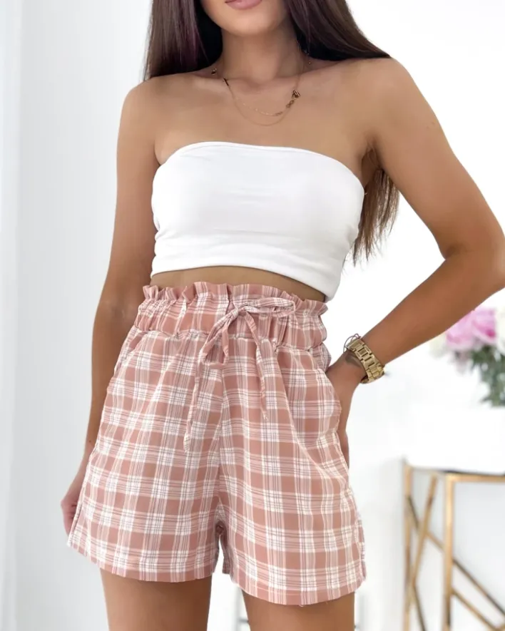 Szorty|Krótkie Spodenki^Royalfashion Różowe krótkie spodenki damskie w kratę różowy