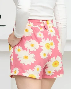 Szorty|Krótkie Spodenki^Royalfashion Różowe wzorzyste damskie materiałowe krótkie spodenki w kwiaty różowy