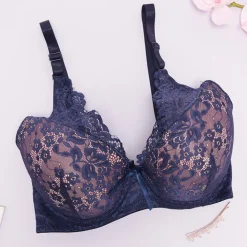 Codzienne^Royalfashion Różowy biustonosz z granatową koronką Granatowy