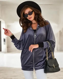 Bluzy^Royalfashion Rozpinana bluza z kapturem damska Ciemnoszary