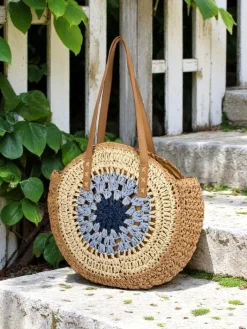 Wiklinowe I Słomiane^Royalfashion Słomiana torebka damska Flora Grande jasny brązowy