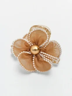 Akcesoria Do Włosów^Royalfashion Spinka do włosów z perłami i kwiatem z tiulu Camel