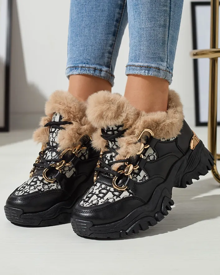 Śniegowce|Sneakersy^Royalfashion Sportowe buty damskie z futerkiem w kolorze m Reyma czarny
