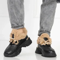 Śniegowce|Ocieplane^Royalfashion Sportowe czarne buty damskie z futerkiem Flixis czarny