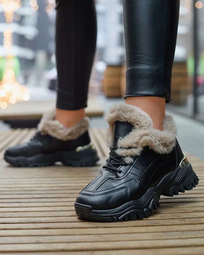 Śniegowce|Ocieplane^Royalfashion Sportowe czarne buty damskie z futerkiem Flixis czarny