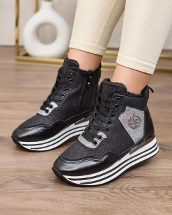 Ocieplane|Sneakersy^Royalfashion Sportowe czarne sneakersy damskie z brokatem Kawellas czarny