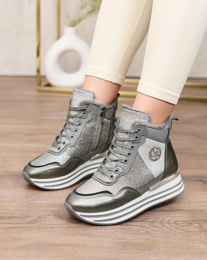 Ocieplane|Sneakersy^Royalfashion Sportowe szare sneakersy damskie z brokatem Kawellas gołębi szary