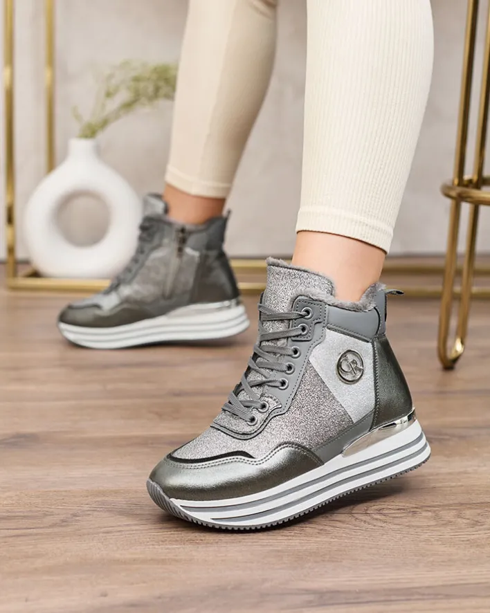 Ocieplane|Sneakersy^Royalfashion Sportowe szare sneakersy damskie z brokatem Kawellas gołębi szary