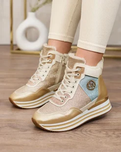 Ocieplane|Sneakersy^Royalfashion Sportowe złote sneakersy damskie z brokatem Kawellas złoty