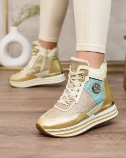 Ocieplane|Sneakersy^Royalfashion Sportowe złote sneakersy damskie z brokatem Kawellas złoty