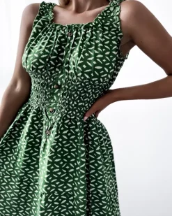 Sukienki Letnie|Sukienki Długie^Royalfashion Sukienka damska za kolano z printem w kolorze ciemnom zielony