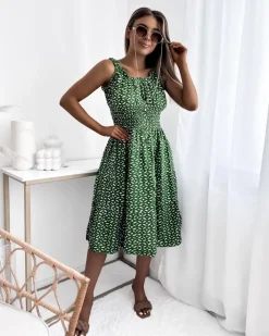 Sukienki Letnie|Sukienki Długie^Royalfashion Sukienka damska za kolano z printem w kolorze ciemnom zielony