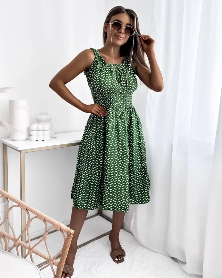 Sukienki Letnie|Sukienki Długie^Royalfashion Sukienka damska za kolano z printem w kolorze ciemnom zielony