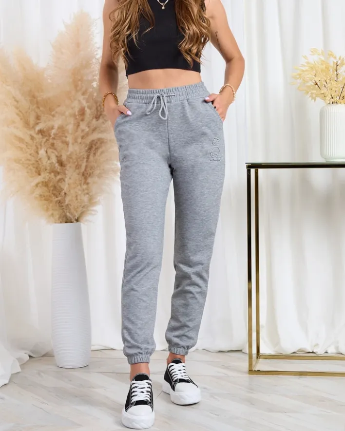 Spodnie Dresowe^Royalfashion Szare damskie bawełniane spodnie dresowe z misiem gołębi szary