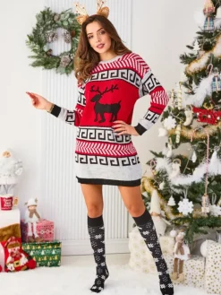 Sukienki Krótkie|Swetry^Royalfashion Szaro-czerwona damska sukienka w swetrowym stylu czerwony