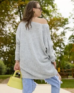 Swetry^Royalfashion Szary damski długi sweter oversize gołębi szary
