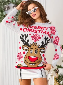 Swetry^Royalfashion Szary damski świąteczny sweter z reniferem gołębi szary