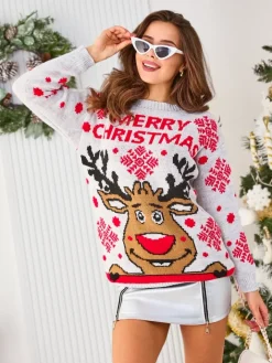 Swetry^Royalfashion Szary damski świąteczny sweter z reniferem gołębi szary