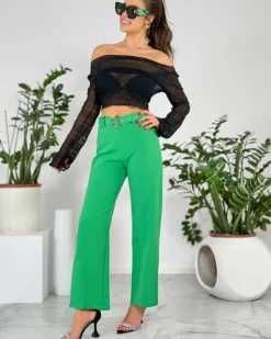 Spodnie Materiałowe^Royalfashion Szerokie spodnie damskie materiałowe zielony