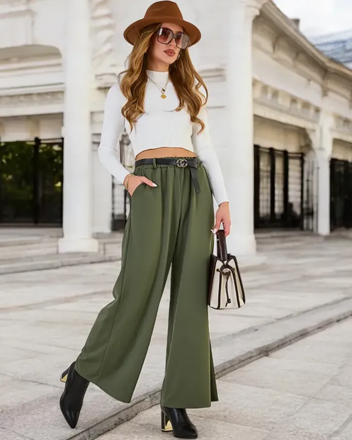 Spodnie Materiałowe^Royalfashion Szerokie spodnie damskie zielony