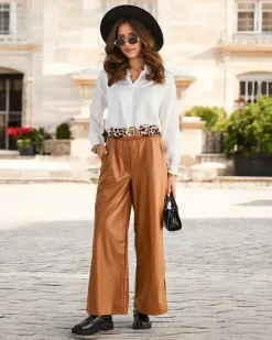 Eko Skórzane^Royalfashion Szerokie spodnie damskie eko skórzane Camel