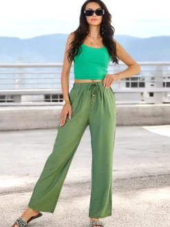 Spodnie Materiałowe^Royalfashion Szerokie spodnie damskie materiałowe zielony