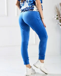 Spodnie Dresowe|Bluzy^Royalfashion Welurowy damski komplet dresowy z motywem roślinnym w kolorze m Granatowy