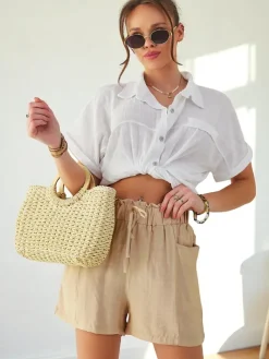 Szorty|Krótkie Spodenki^Royalfashion Wiskozowe krótkie spodenki damskie beżowy