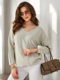 Swetry^Royalfashion Wiskozowy cienki damski sweterek beżowy