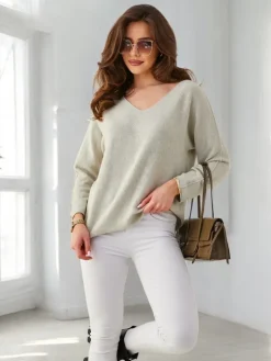 Swetry^Royalfashion Wiskozowy cienki damski sweterek beżowy