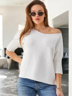 Swetry^Royalfashion Wiskozowy damski sweter z krótkimi rękawami biały