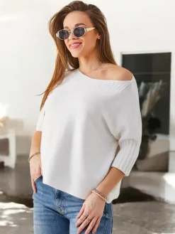 Swetry^Royalfashion Wiskozowy damski sweter z krótkimi rękawami biały