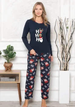 Piżamy^Royalfashion Świąteczna bawełniana piżama damska HO HO HO Granatowy
