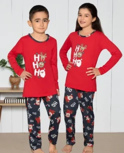 Piżamy^Royalfashion Świąteczna bawełniana dziecięca piżama HO HO HO czerwony