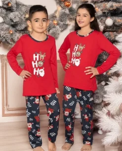 Piżamy^Royalfashion Świąteczna bawełniana dziecięca piżama HO HO HO czerwony