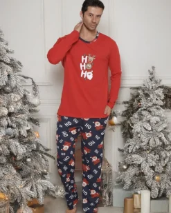 Piżamy^Royalfashion Świąteczna bawełniana męska piżama 2- częściowa HO HO HO czerwony