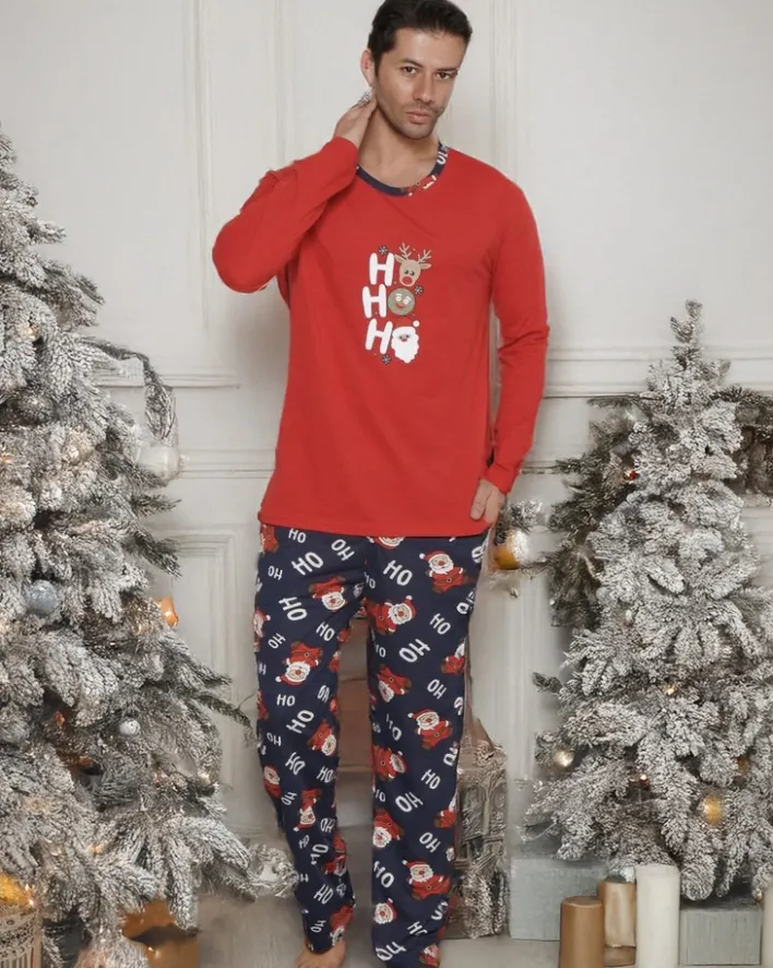 Piżamy^Royalfashion Świąteczna bawełniana męska piżama 2- częściowa HO HO HO czerwony