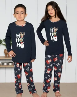 Piżamy^Royalfashion Świąteczna bawełniana dziecięca piżama HO HO HO Granatowy