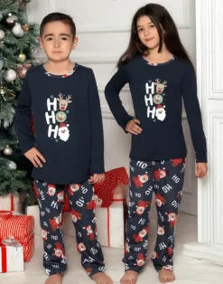 Piżamy^Royalfashion Świąteczna bawełniana dziecięca piżama HO HO HO Granatowy
