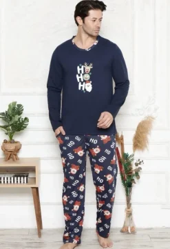 Piżamy^Royalfashion Świąteczna bawełniana męska piżama 2- częściowa HO HO HO Granatowy