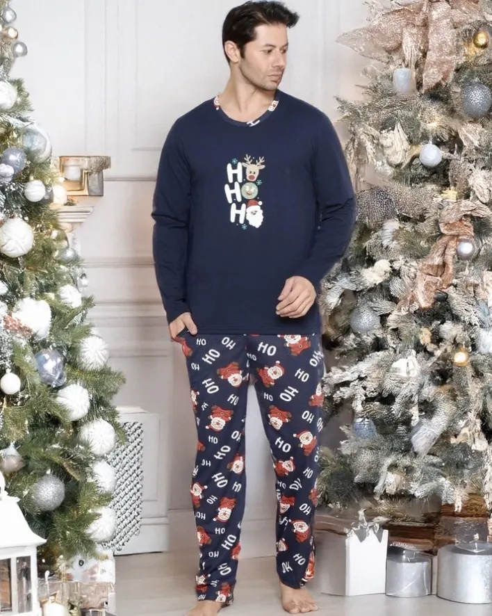 Piżamy^Royalfashion Świąteczna bawełniana męska piżama 2- częściowa HO HO HO Granatowy
