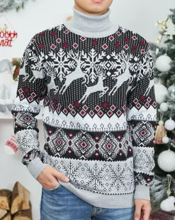 Bluzki^Royalfashion Świąteczny męski sweter z golfem w kolorze szarym gołębi szary