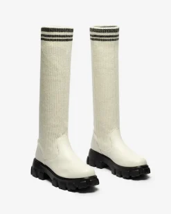 Kozaki Na Płaskim Obcasie|Kozaki Bez Ocieplenia^Royalfashion Wysokie wsuwane kozaki damskie w kolorze ecru Alerpi krem