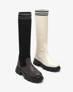 Kozaki Na Płaskim Obcasie|Kozaki Bez Ocieplenia^Royalfashion Wysokie wsuwane kozaki damskie w kolorze czarno - brązowym Alerpi czarny