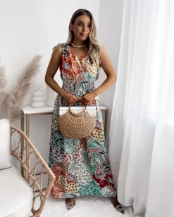 Sukienki Długie|Plus Size^Royalfashion Wzorzysta zielono - pomarańczowa damska sukienka zielony